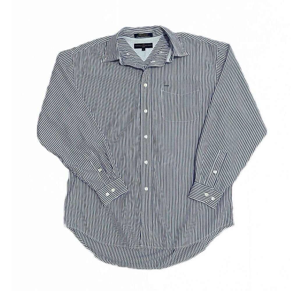 Tommy Hilfiger‎ Golf White Blue Stripes Dress Shirt Long Sleeves Cotton Men's M